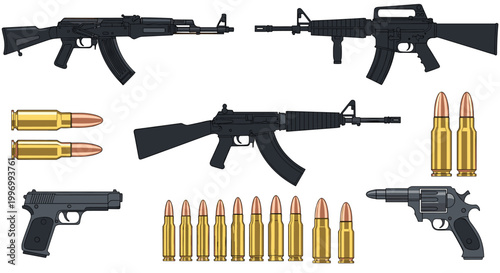 Detailed digital illustration featuring various firearms including rifles, pistols, a revolver, and rows of different ammunition types.
