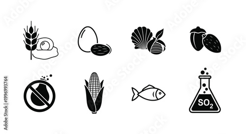 Collection of eight black silhouette icons representing common food allergens like eggs, wheat, nuts, shellfish, and soy.