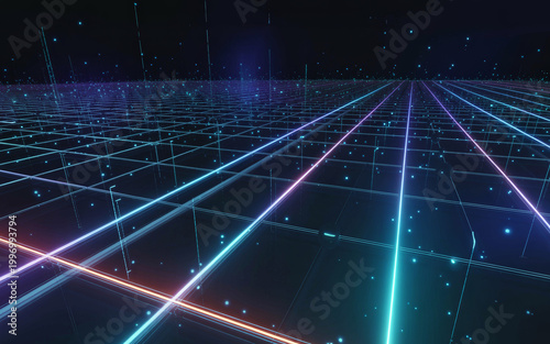 Digital grid cyberspace, glowing neon lines forming network structure in dark virtual reality environment with data points and connections, representing metaverse and online world.