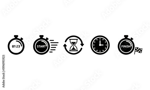 Stopwatch start and finish icon set with hourglass and clock face