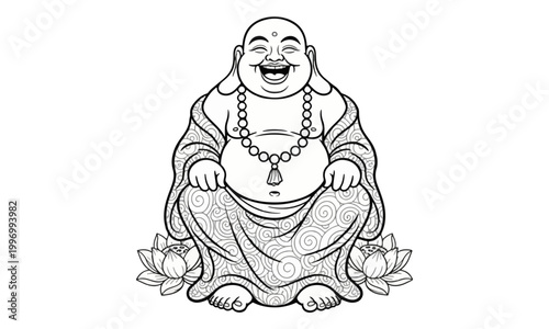 Laughing Buddha sitting with lotus flowers coloring page illustration