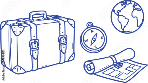 Vintage travel icons suitcase globe compass and map a blueprint for adventure and exploration
