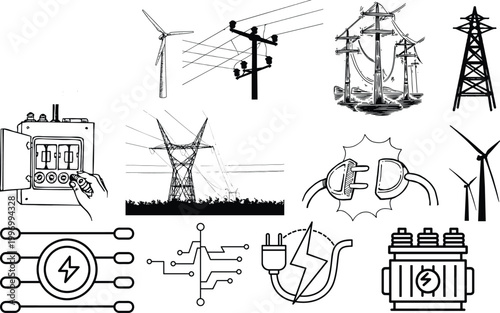 Vector Set Of Electricity Infrastructure Icons Including High Voltage Towers Wind Turbines And Power Grid Elements