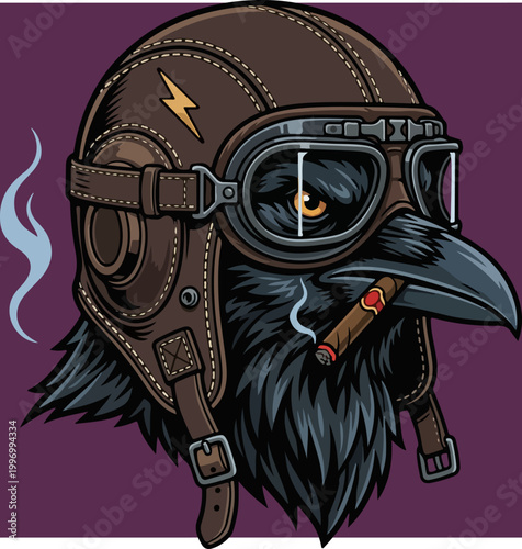 Illustration of a cool raven wearing a vintage leather pilot helmet and goggles while smoking a cigar.