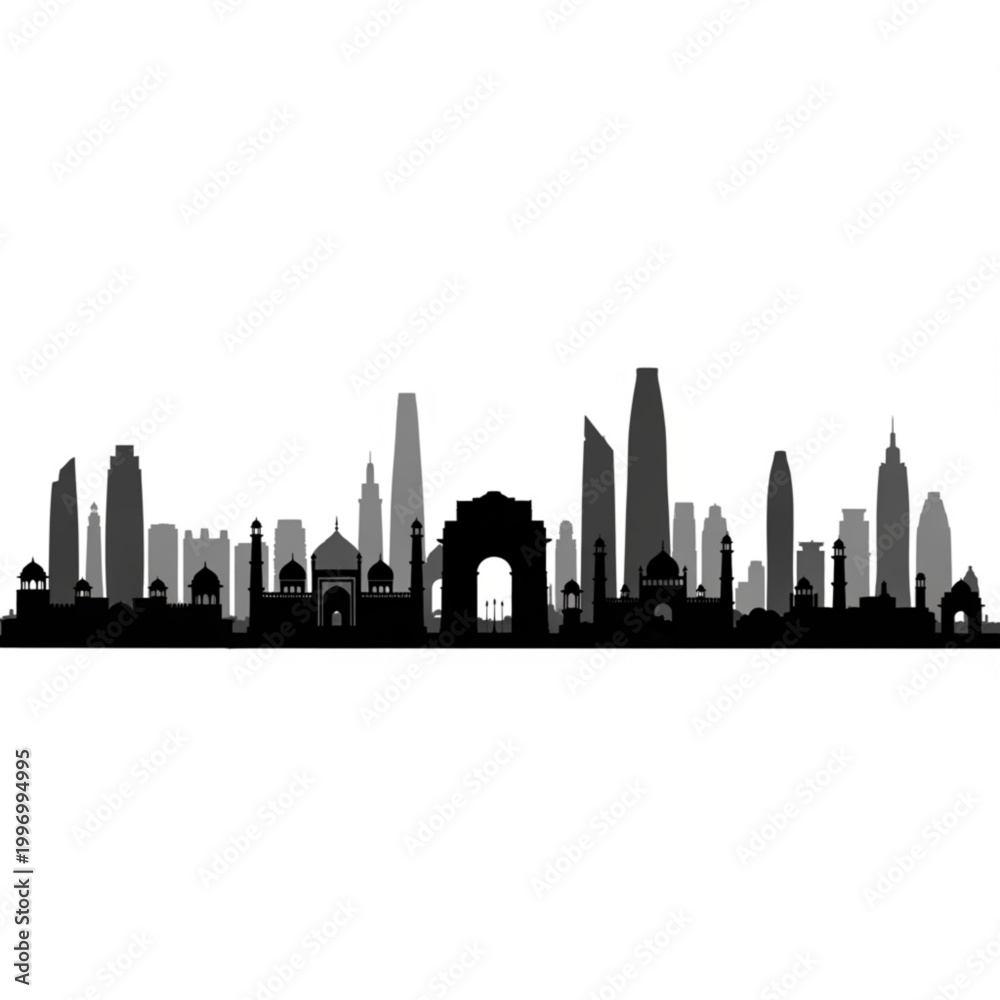 Obraz premium A black and gray silhouette of a city skyline with various buildings and structures