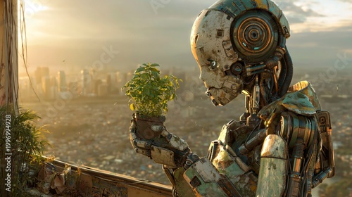Robot holding a plant with city in background