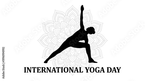 Triangle Pose Silhouette for International Yoga Day: Woman Practicing Yoga Asana in Front of Intricate Mandala, Celebrating Fitness and Mindfulness on ..