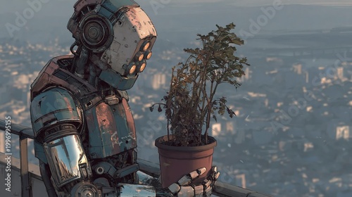Robot holding a potted plant with city background