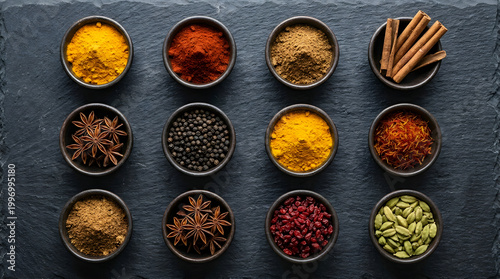 Symmetrical arrangement of twelve spice bowls on dark slate surface