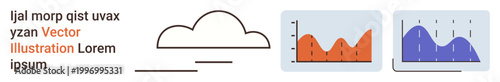 Data analysis, forecasting, information design, cloud services, digital trends, business reports. Cloud outline and two graph charts in orange and blue. Data analysis and forecasting concept