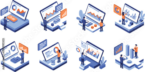 Isometric business data analysis vector set with charts, reports, dashboards and team collaboration analytics illustration collection