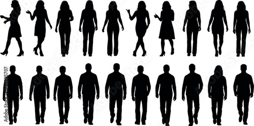 Set of professional men and women walking silhouettes standing business people group collection vector isolated on white background for design.