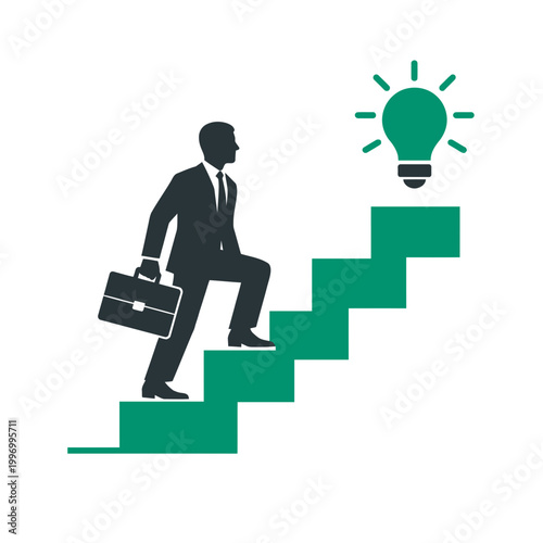 Minimalist graphic of a faceless entrepreneur climbing a geometric staircase towards a lightbulb icon