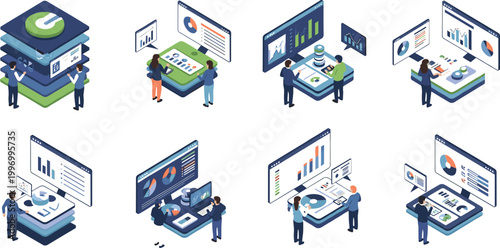 Isometric business data analysis vector set with dashboards, charts, reports and team collaboration workspace illustration