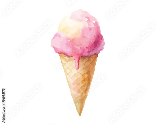 Watercolor Ice Cream Cone Icon, Sweet Summer Dessert Clipart, Isolated on White background