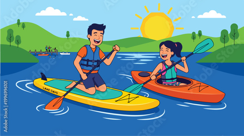 Couple Paddling Kayaks on Water.