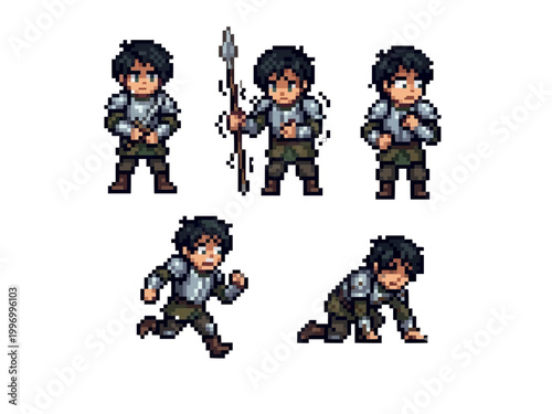 pixel art character spritesheet of a young male squire in plate armor with expressive animations including fear, running, and crawling.