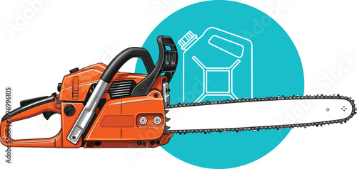 Chainsaw cutting tool with fuel container icon representing gasoline powered equipment, forestry work, wood cutting, and industrial machinery vector illustration