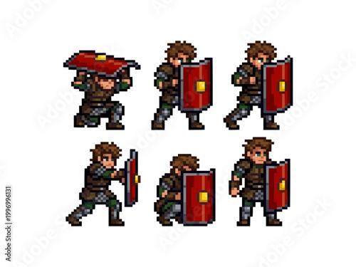 pixel art character spritesheet of a heavily armored infantryman demonstrating defensive shield techniques, turtle formation, and advancing guard positions for games.