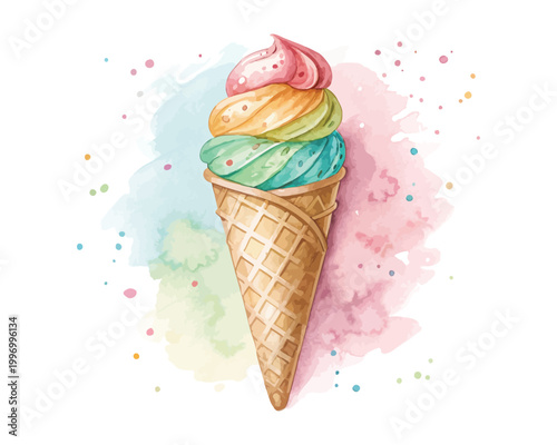 Watercolor Ice Cream Cone Icon, Sweet Summer Dessert Clipart, vector illustration Isolated on White background