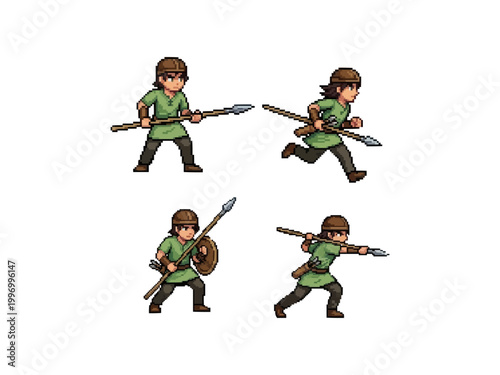 pixel art character spritesheet of a spearman in green tunic and helmet with attacking, running, throwing, and defensive spear positions.
