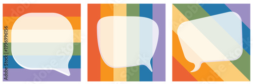Rainbow Pride Month geometric background collection with speech bubble. Pride Month poster, social media post layout, quiz backdrop, square banner design template set. LGBTQ vector illustration