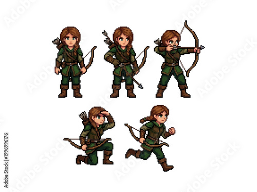 pixel art character spritesheet of a female elven ranger or archer with bow drawing, aiming, scouting, and running animation frames.