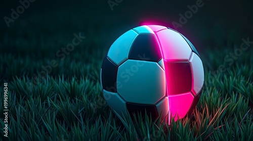Isekai Anime Style Glowing Soccer Ball on Grass with Bioluminescent Split, Minimal Fantasy Sports Background