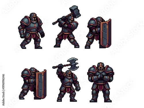 pixel art character spritesheet of a massive heavy armor juggernaut using a war hammer, giant axe, and tower shield defensively.