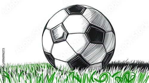 High Contrast Sketch Soccer Ball on Grass, Dramatic Low Key Lighting Minimal Sports Background