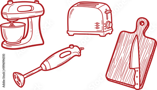 Sketch of kitchen appliances a hand drawn illustration featuring a mixer toaster cutting board and immersion blender