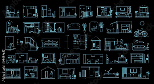 AutoCAD Home Sweet Home Vector Set – Cozy Domestic Lifestyle Multiview Blueprint Cyan Outline on Black Background