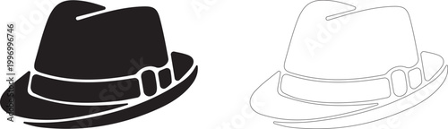 Classic fedora hat with ribbon, symbol of elegant headwear and male fashion, vector icon in two styles: glyph and outline.