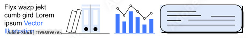 Business workflows, data visualization, office organization, analytics, reporting, information management. Bar chart, two folders and text format shapes. Data visualization and business workflows
