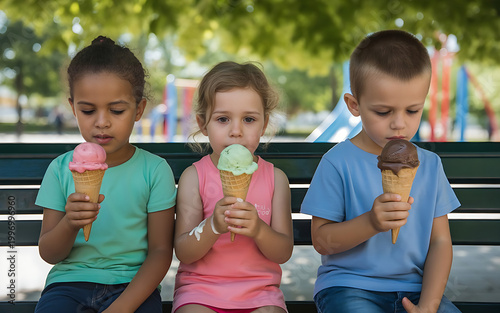 Three Cute Kids Eating Ice Cream Cones on Park Bench in Summer, Happy Children with Strawberry Mint Chocolate Flavors Outdoors