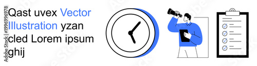 Time management, productivity, scheduling, task prioritization, planning, organization. Clock with hands, person observing checklist. Time management and productivity visualization