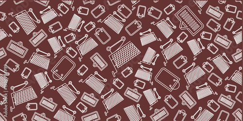 Seamless pattern with shopping bag, shopping cart and shopping basket. Shopping themed seamless pattern background in doodle style.	