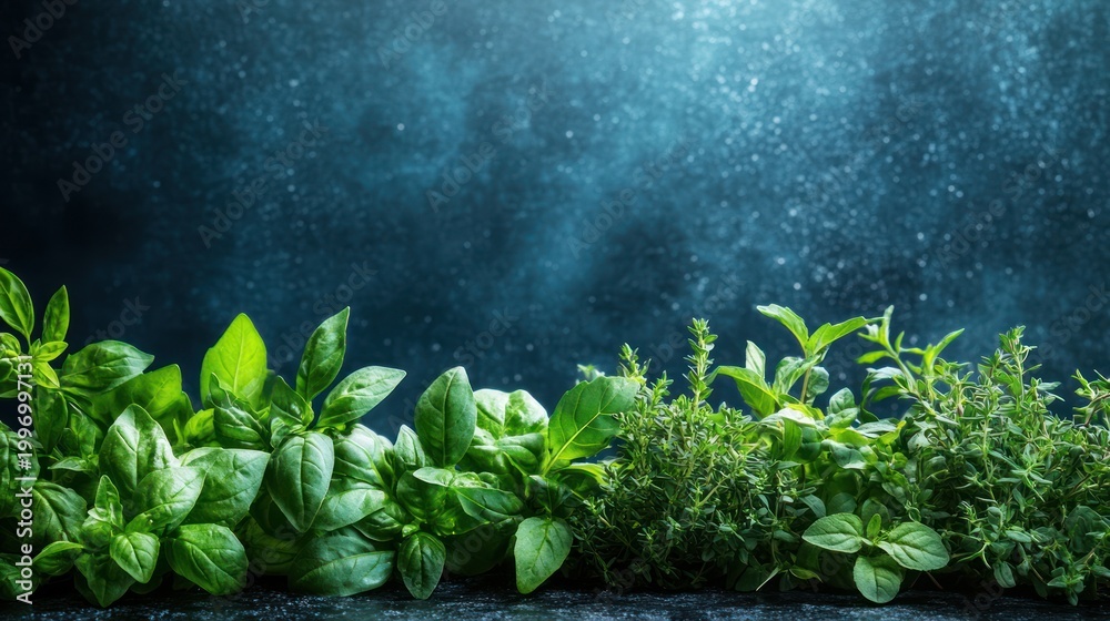 Fototapeta premium Fresh herbs, vibrant greens, dark background, culinary display, stock photo