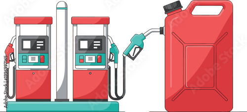 Gas station fuel pumps and red jerry can container with nozzle illustrating gasoline refueling, petroleum storage, and energy distribution vector illustration