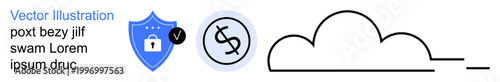Data protection, financial security, cloud computing, online transactions, internet safety, secure storage. Shield icon with lock, dollar symbol cloud graphic. Data protection and financial security