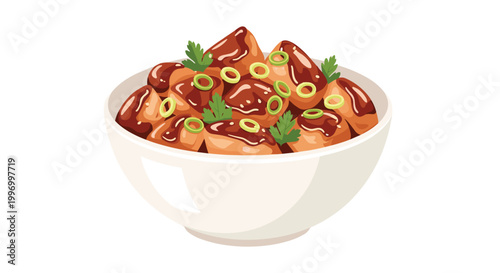 A deep white ceramic bowl overflows with succulent chunks of meat coated in a rich dark glaze and garnished with fresh green onion rings and parsley.