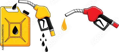 Fuel jerry can with gasoline pump nozzles and oil drops illustrating petroleum industry, fuel transfer, energy supply, and refueling concept vector illustration