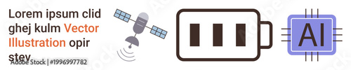 Artificial intelligence, satellite communication, battery power, advanced technology, energy transfer, digital connectivity. A satellite, battery and AI chip . Satellite communication and artificial