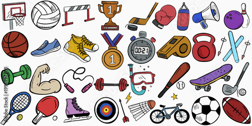 A colorful collection of hand-drawn sports icons on a white background, featuring equipment like balls, medals, a whistle, a bicycle, and various gear for fitness, athletics, and outdoor activities.