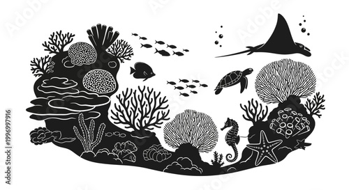Black and white illustration of coral reef.