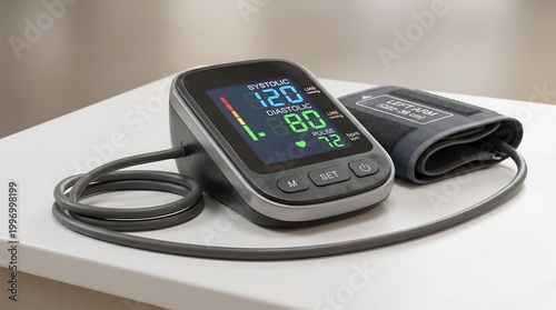 Digital blood pressure monitor on white table, medical device for health check