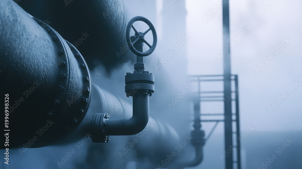 Fototapeta premium Industrial facility featuring large pipes with a prominent valve, emitting steam and fog, highlighting themes of energy generation, manufacturing, and environmental impact