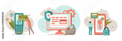 Secure online payment and transaction with credit cards and digital devices e commerce transaction credit card security protection e commerce shopping computer illustration technology