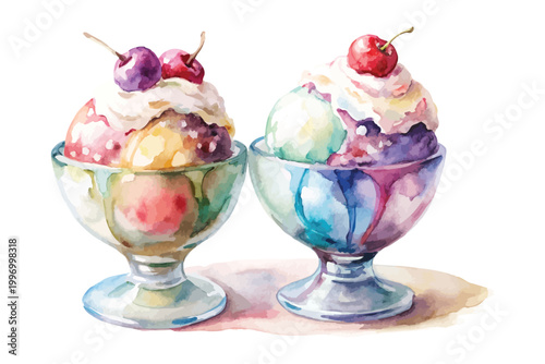 Hand-Painted Ice Cream Sundae, Colorful Dessert Watercolor Clipart, Isolated Vector Illustration