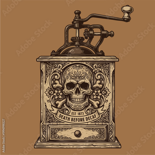 Vintage Coffee Grinder Skull Design.